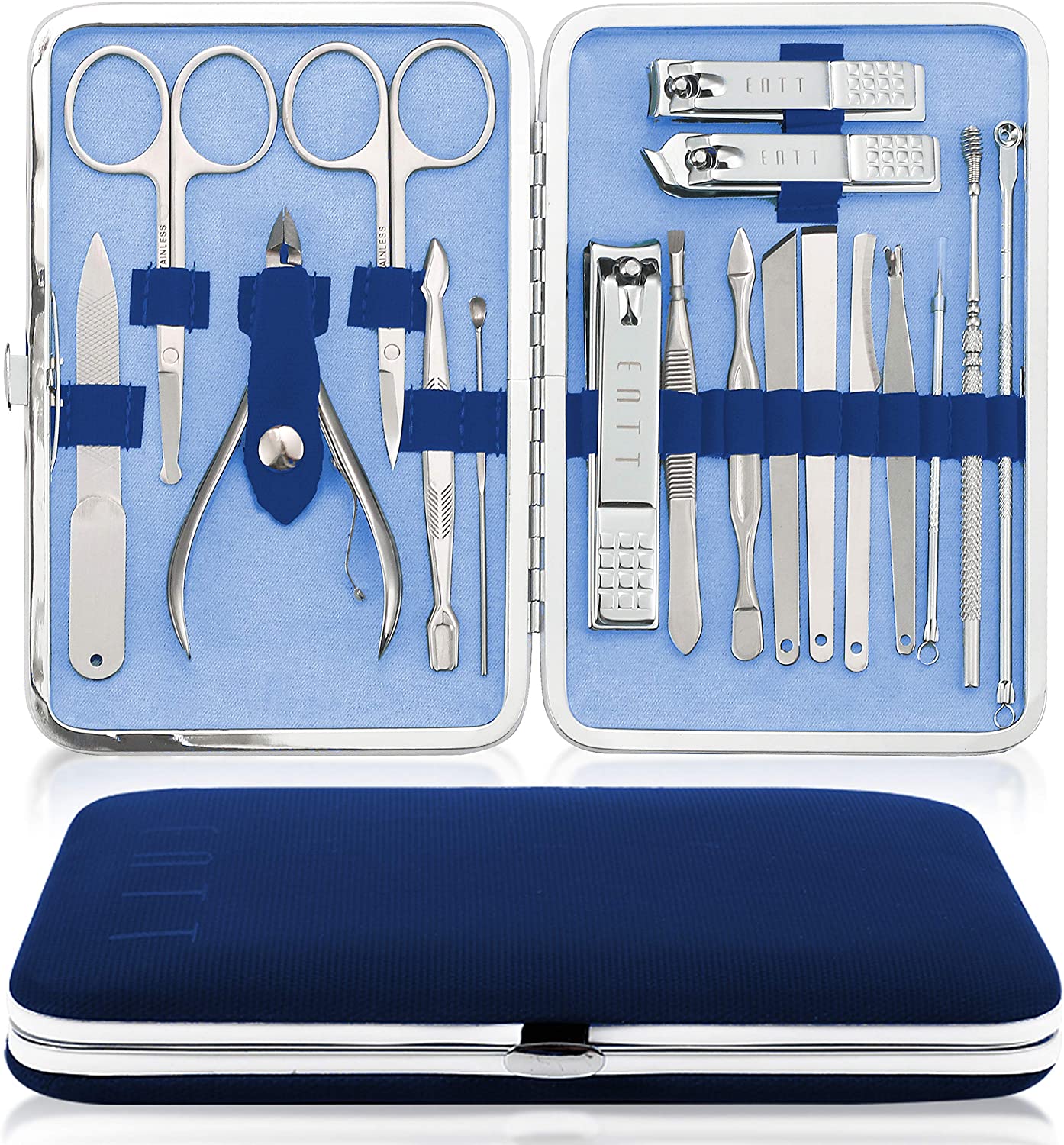 230816070153455_1 ENTT Pedicure Manicure Kit - Manicure Tools Grooming Kit for Men, Women - 18 PC Rubberized Finish Kit - Premium Quality Professsional Tool Kit - For Travel, Home, All Purpose Set (Blue Case) For Nails - Image 1